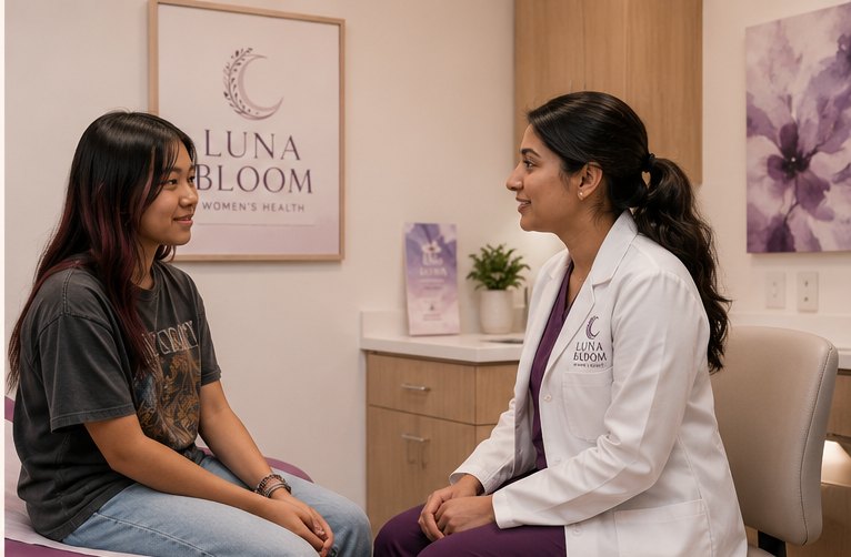 A Luna Bloom physician listening closely to a young patient during a consultation