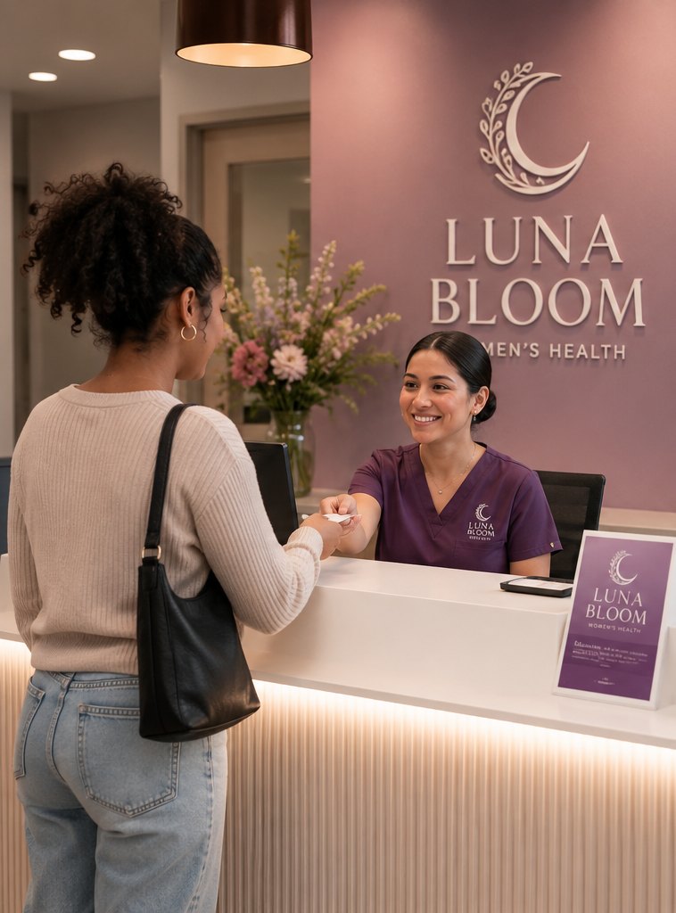 A patient checking in with a smiling receptionist at the Luna Bloom Women's Health front desk