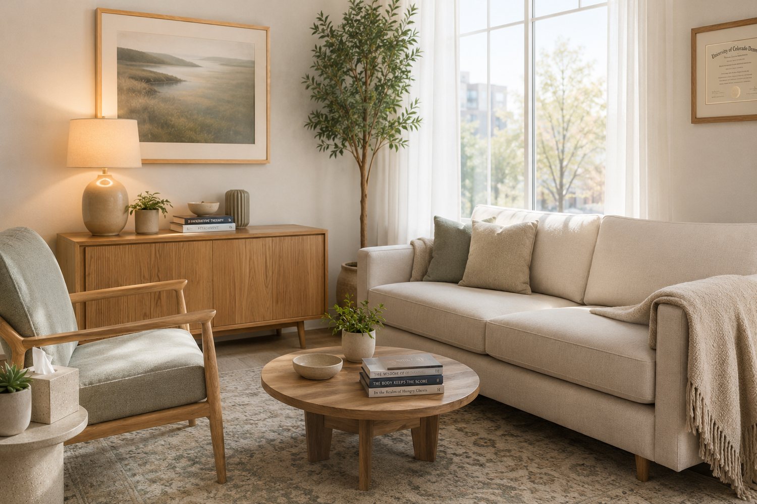Sarah Calloway's calm, light-filled therapy office